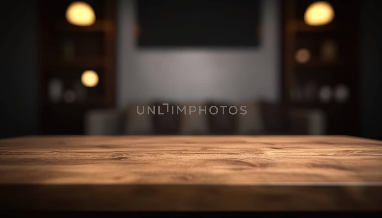 Empty wooden table in dark stylish living room with blurred background. Generative AI.