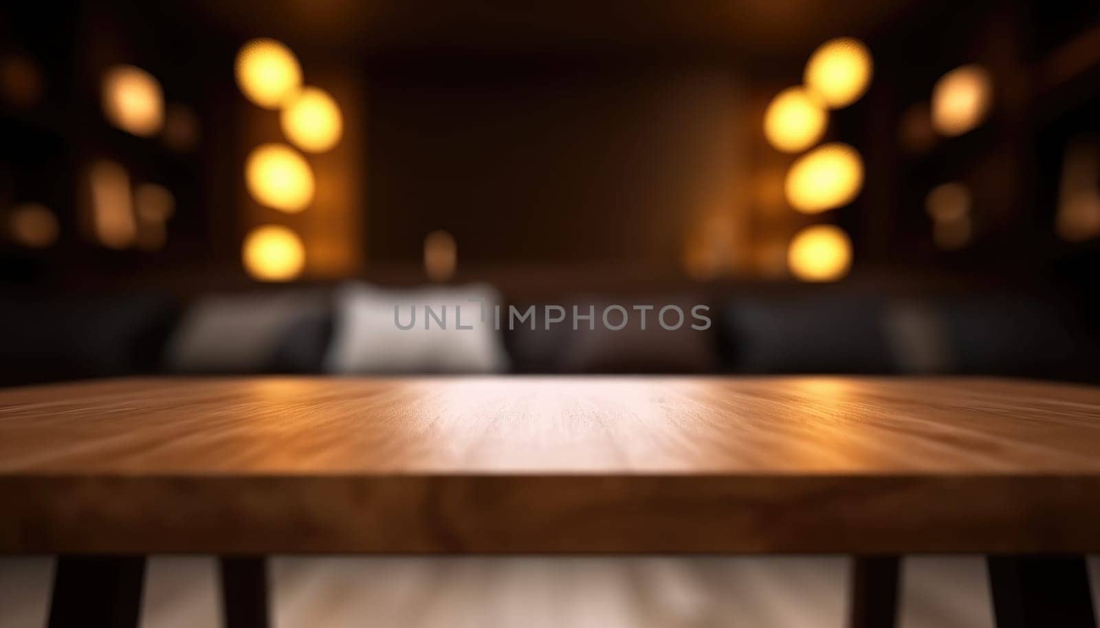 Empty wooden table for product display with blurred dark living room background. Genrative AI.