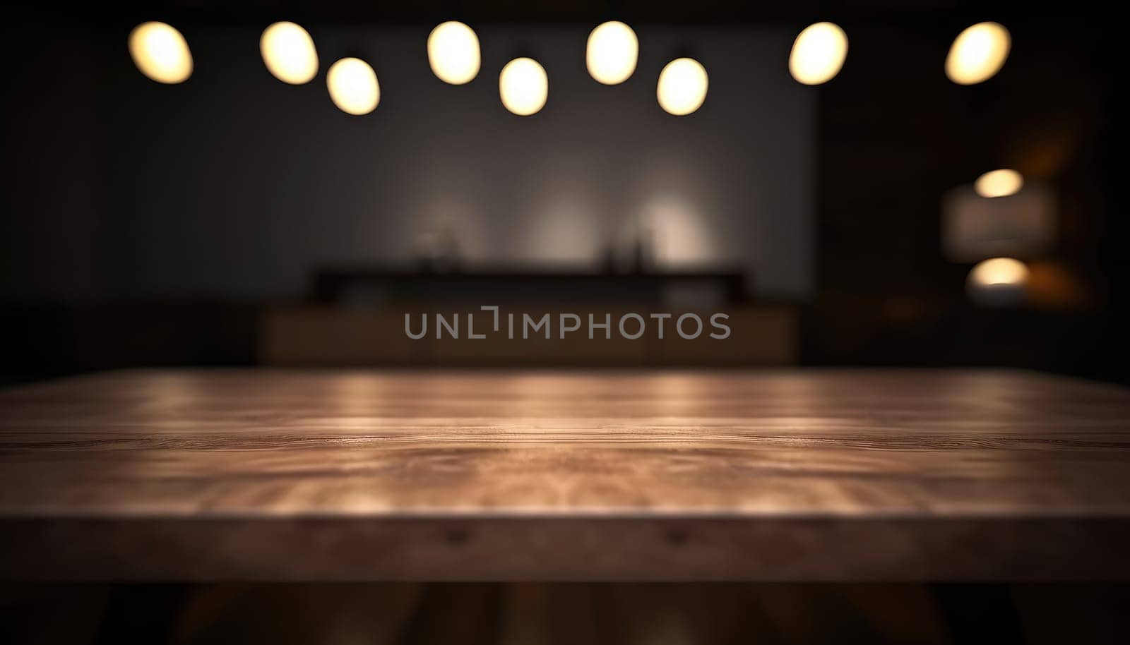 Empty table in dark trendy living room with blurred background. Generative AI.