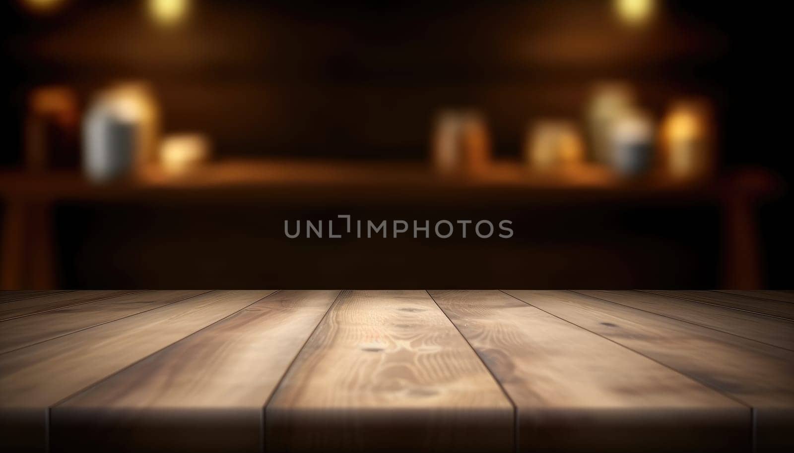 Empty wooden table with copy space against dark rustic living room background. Generative AI.