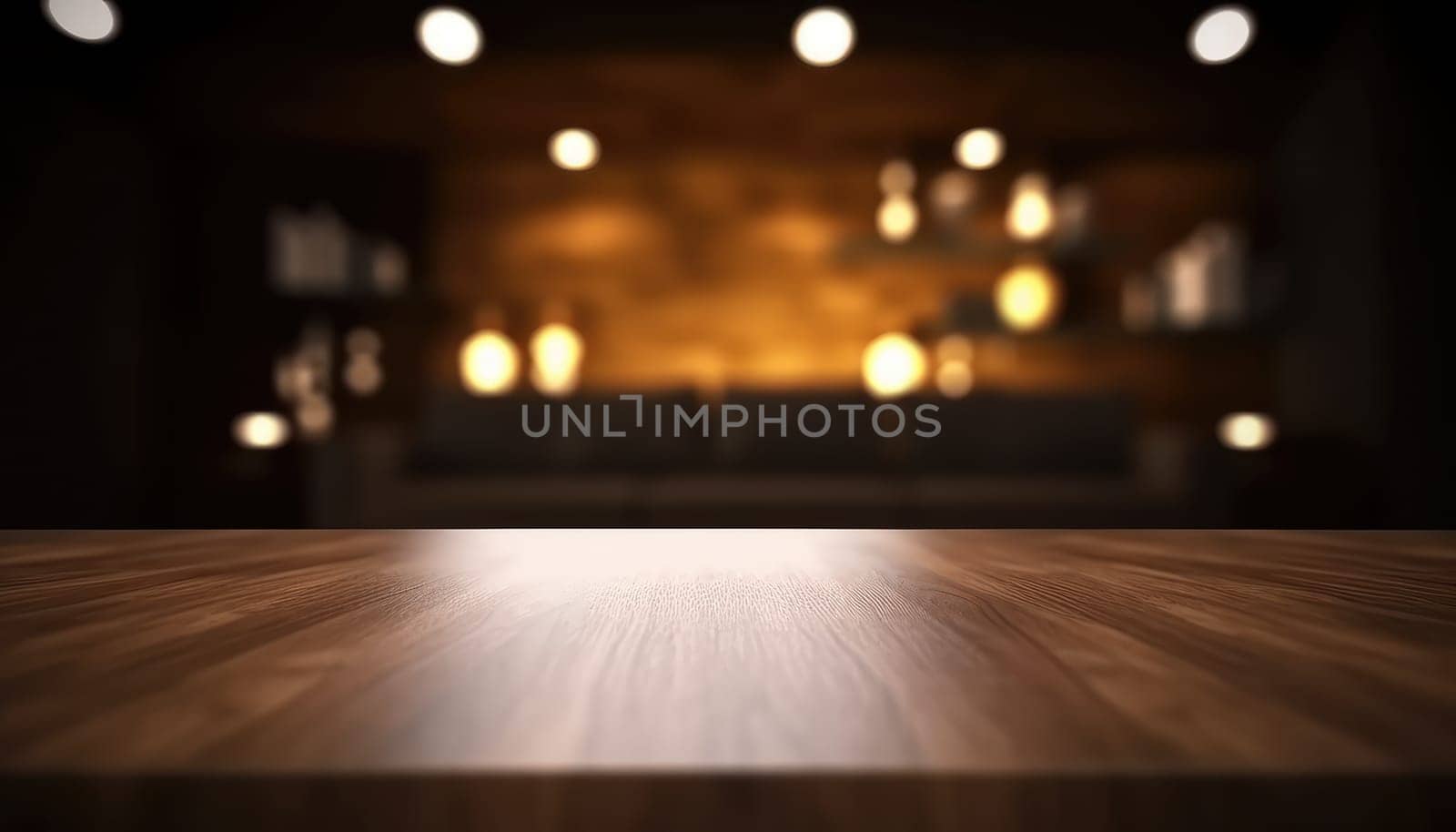 Empty wooden table for product display with blurred dark living room background. Genrative AI by nateemee