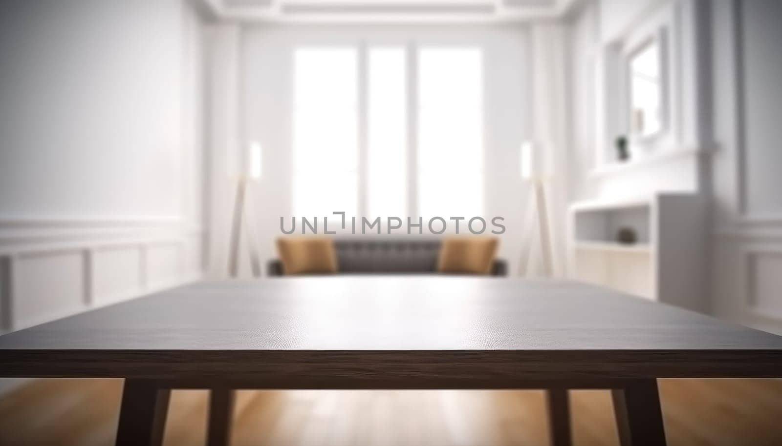 Empty table and copy space with blurred living room background in the morning. Generative AI by nateemee