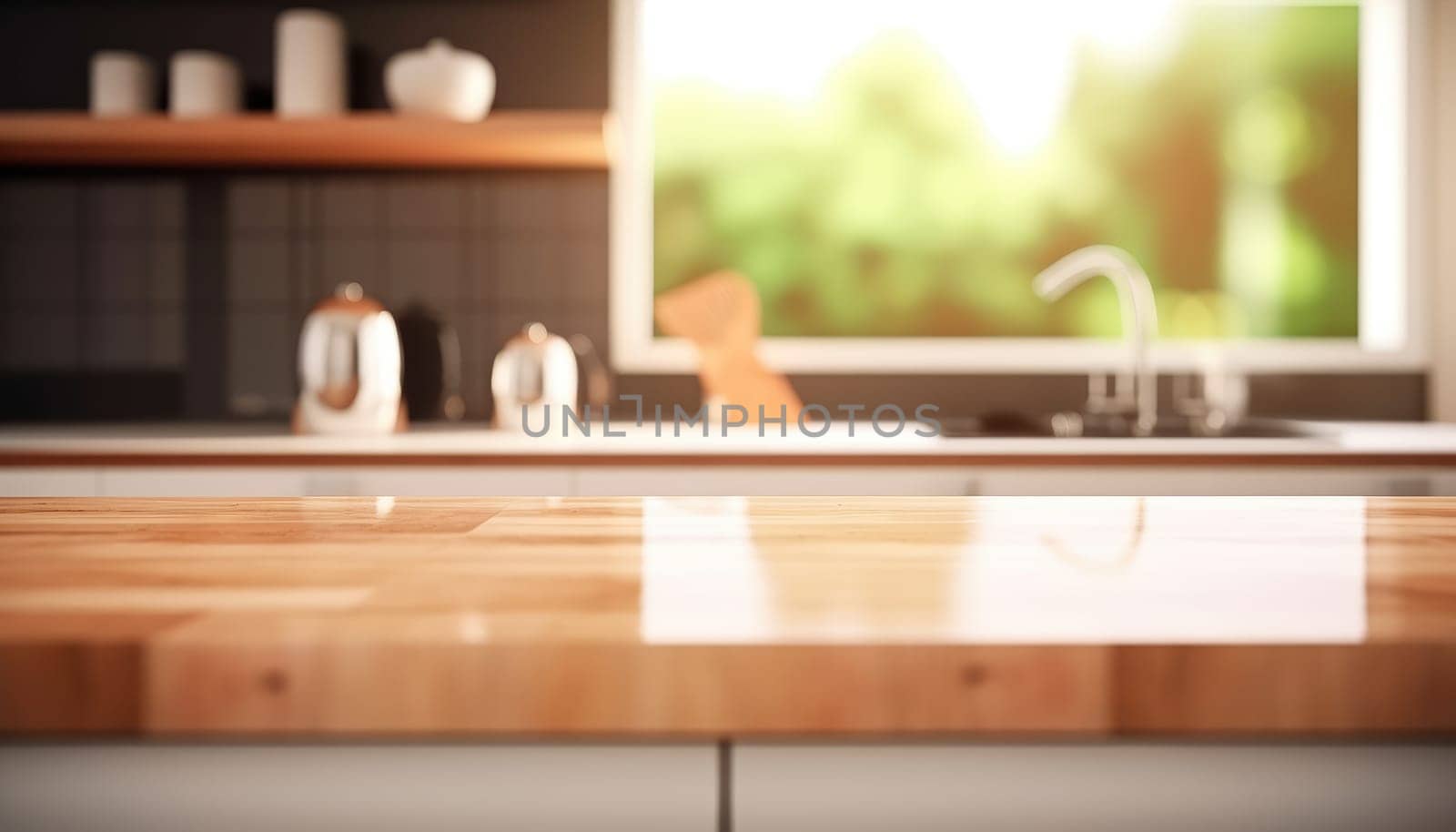 Empty tabletop over defocused window kitchen with copy space. Generative AI by nateemee