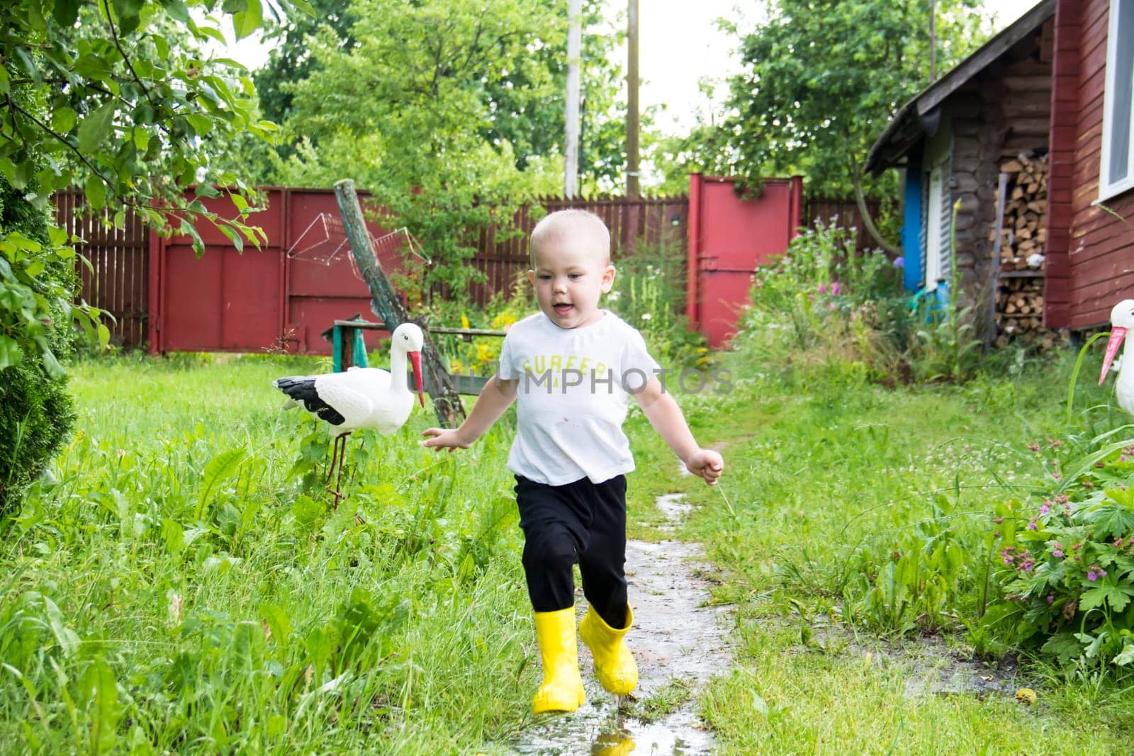 A small, bald-headed boy in yellow boots runs in the countryside through puddles in the fresh air