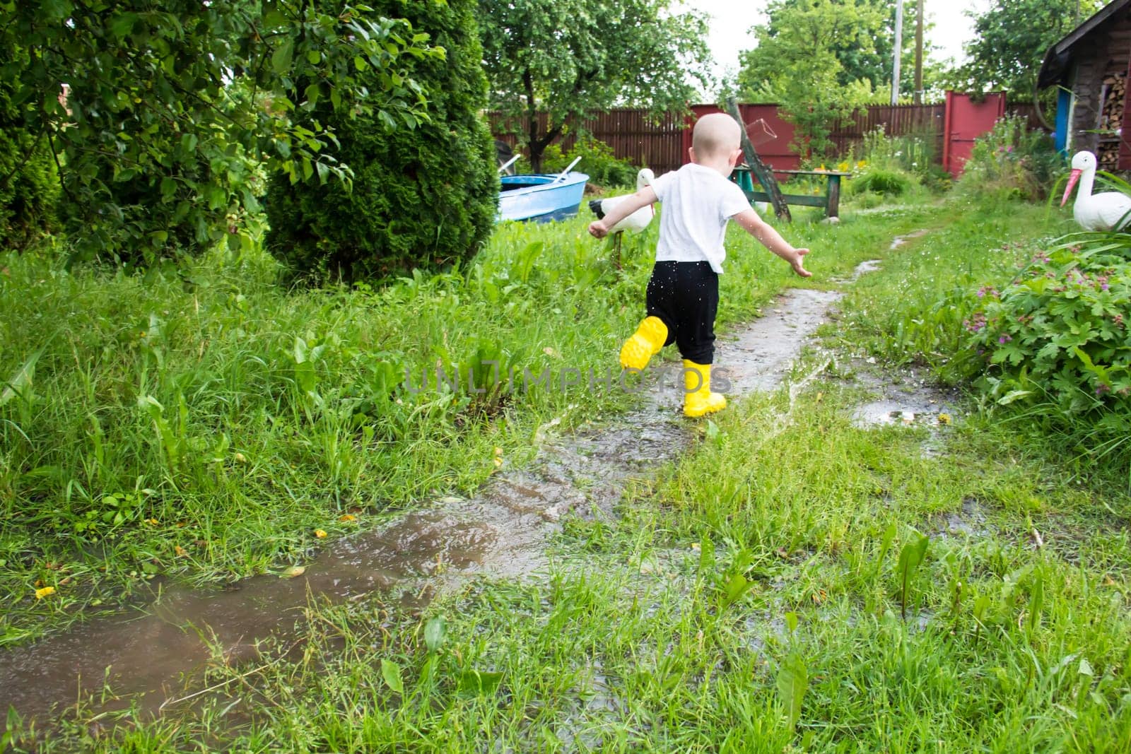 A small, bald-headed boy in yellow boots runs in the countryside through puddles in the fresh air