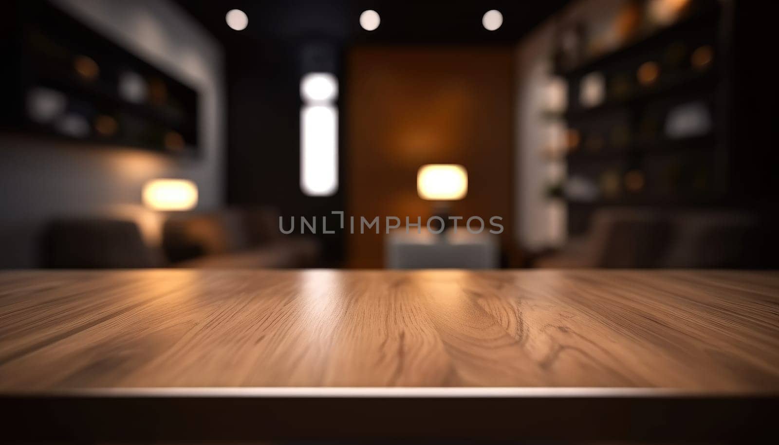 Dark wooden empty table for product display with blurrd living room background. Generative AI.