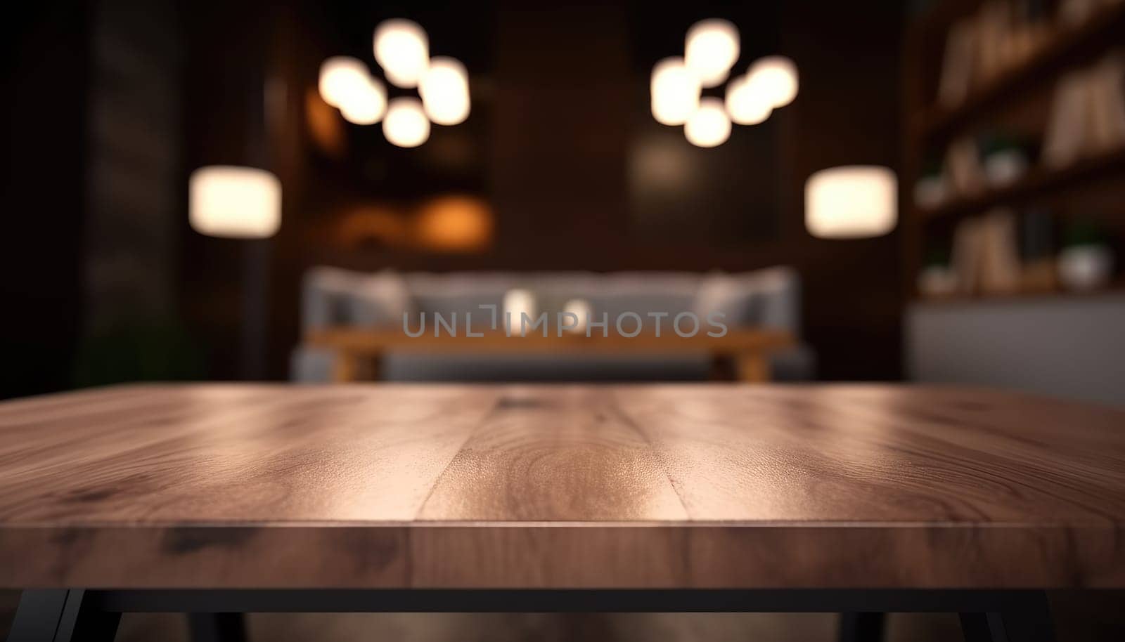 Dark wooden empty table for product display with blurrd living room background. Generative AI.