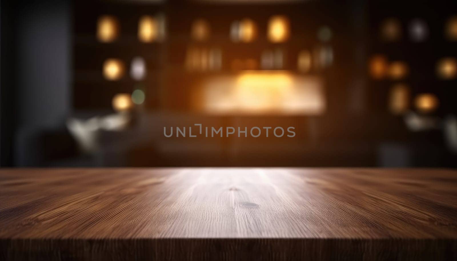 Empty wooden table in dark stylish living room with blurred background. Generative AI.