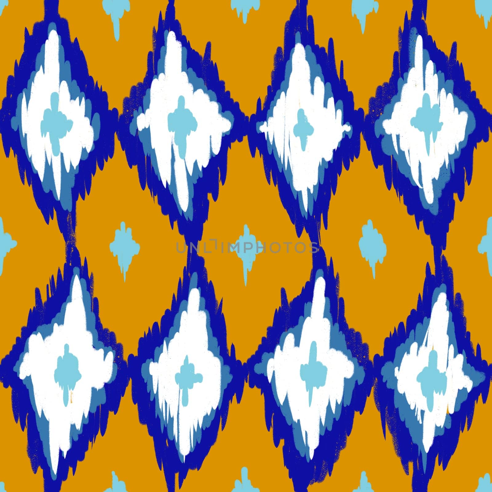 Hand drawn seamless pattern with ikat ethnic traditional indonesian fabric print. Blue indigo yellow mustard abstract geometric stripes lines design mid century modern splash stroke vibrant print with rhombus diamond shapes