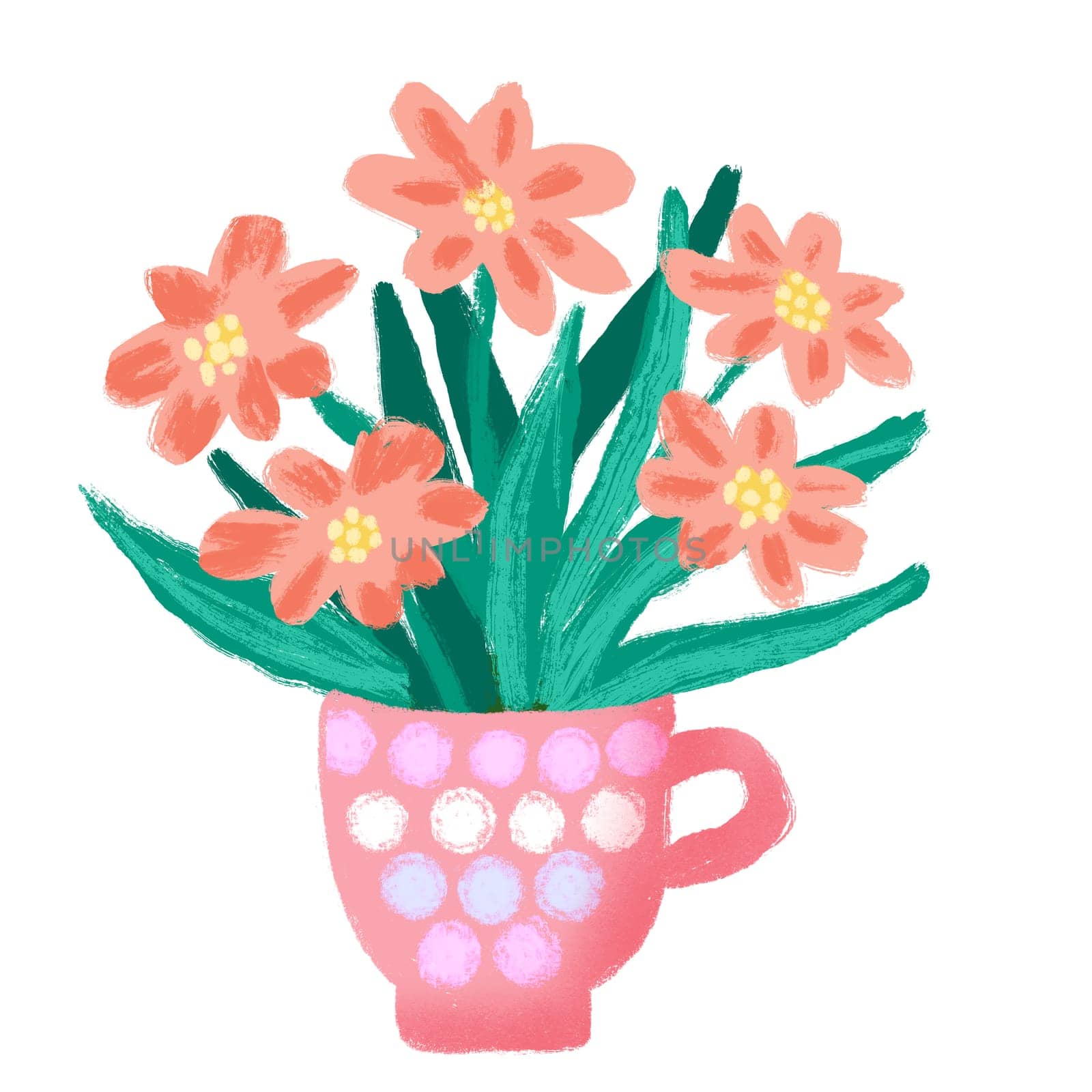 Hand drawn illustration of orange pink wild flowers in cup. Floral summer spring design for poster invitation, bloom blossom nature foliage leaves bouquet in cartoon doodle style, cafe decoration.