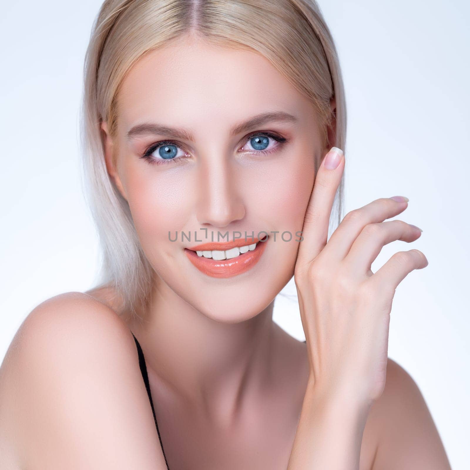Closeup personable beautiful woman with alluring perfect smooth skin portrait. by biancoblue