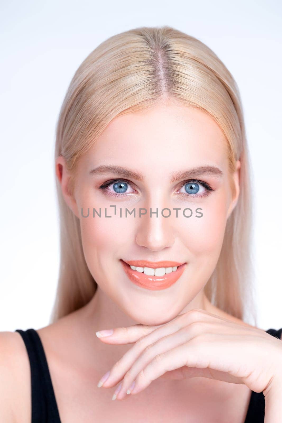 Closeup personable beautiful woman with alluring perfect smooth skin portrait. by biancoblue