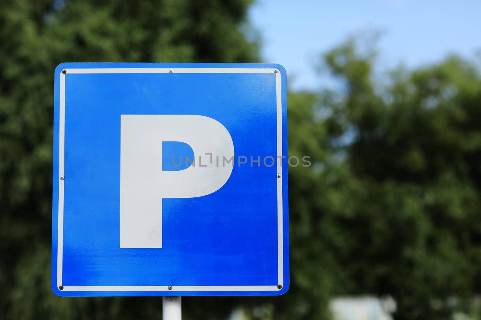 European Parking Sign On Roadside. parking sign. place for text.