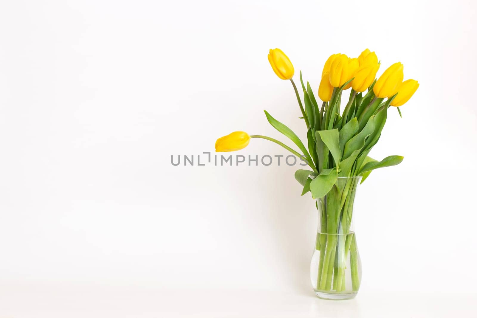 An exquisite bouquet of yellow tulips in a glass vase on a white background. Space for copying.
