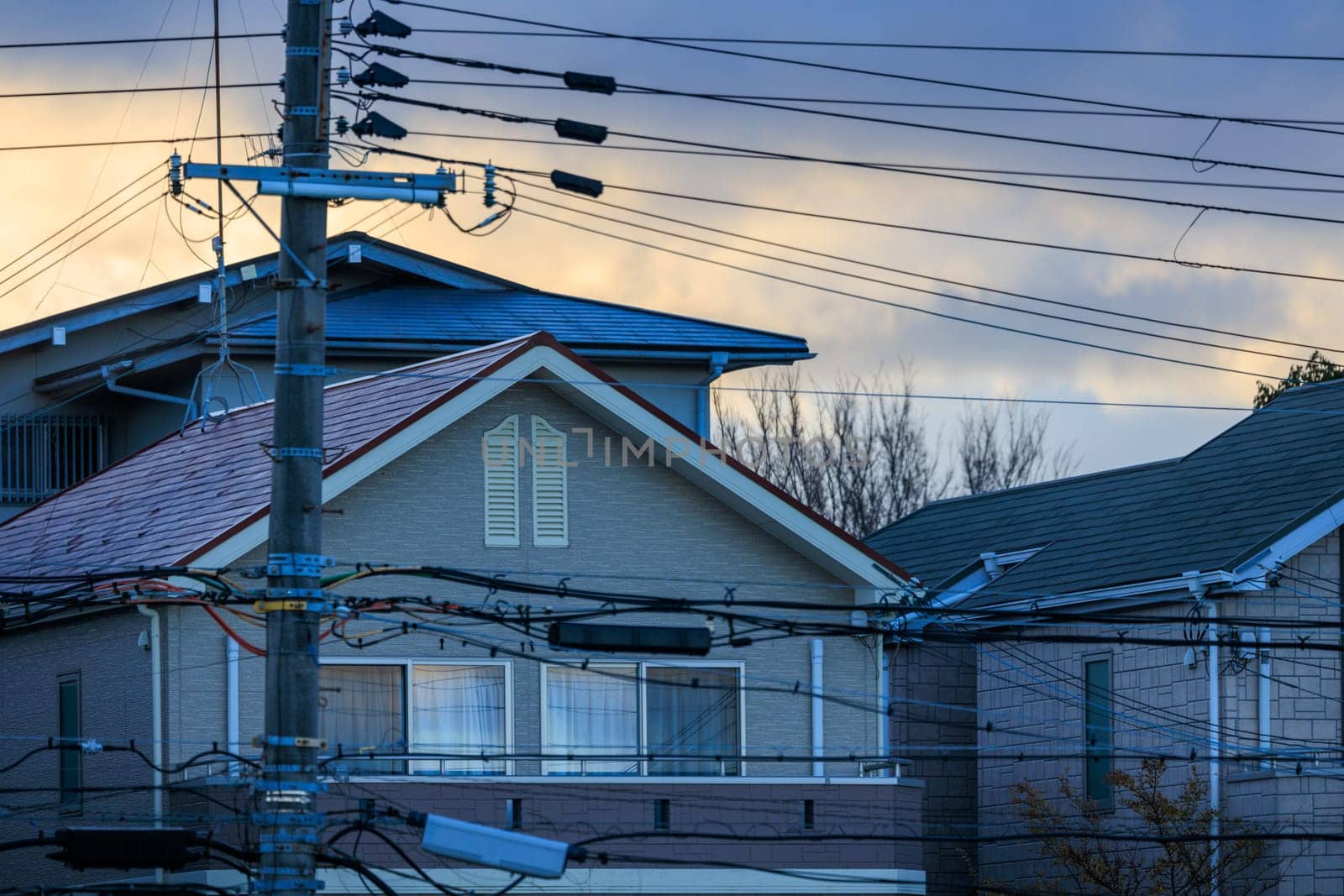 Suburban house with behind web of electrical wires at dawn by Osaze