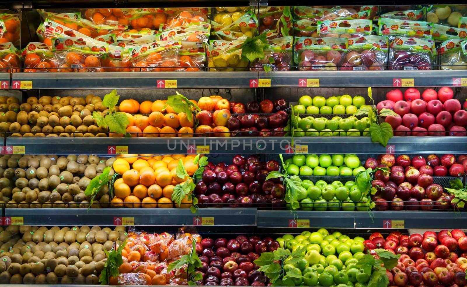 March 25, 2023. Fresh fruits and vegetables on the shelf in the supermarket. Surabaya, Indonesia during Ramadhan 2023.