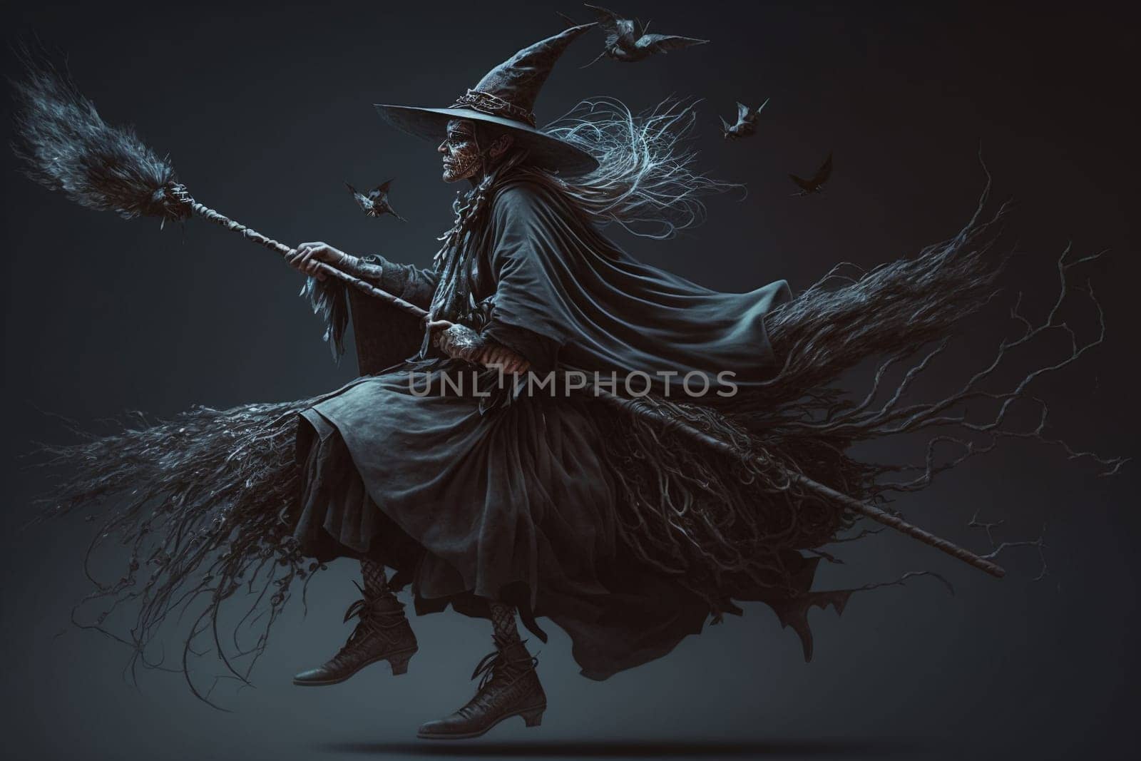 Witch with making witchcraft, magic spells, hat conjuring. Spooky dark magic forest . Magician. Wide Halloween party art design. Terrifying scary personage, beautiful sorceress.
