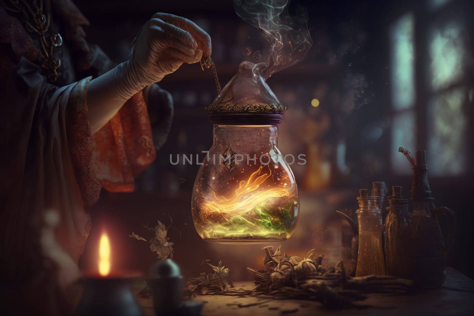 Witch with making witchcraft, magic spells, hat conjuring. Spooky dark magic forest . Magician. Wide Halloween party art design. Terrifying scary personage, beautiful sorceress.