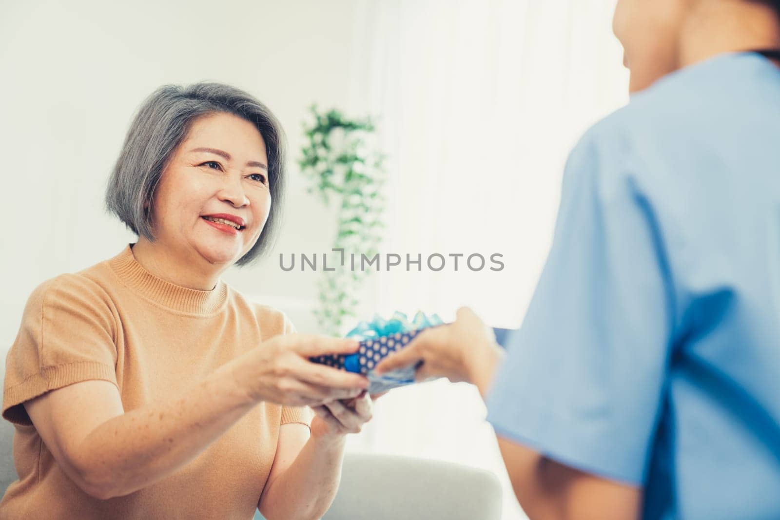 A young caregiver hand over to her senior patient a blue gift box with blue ribbons at a contented living room.