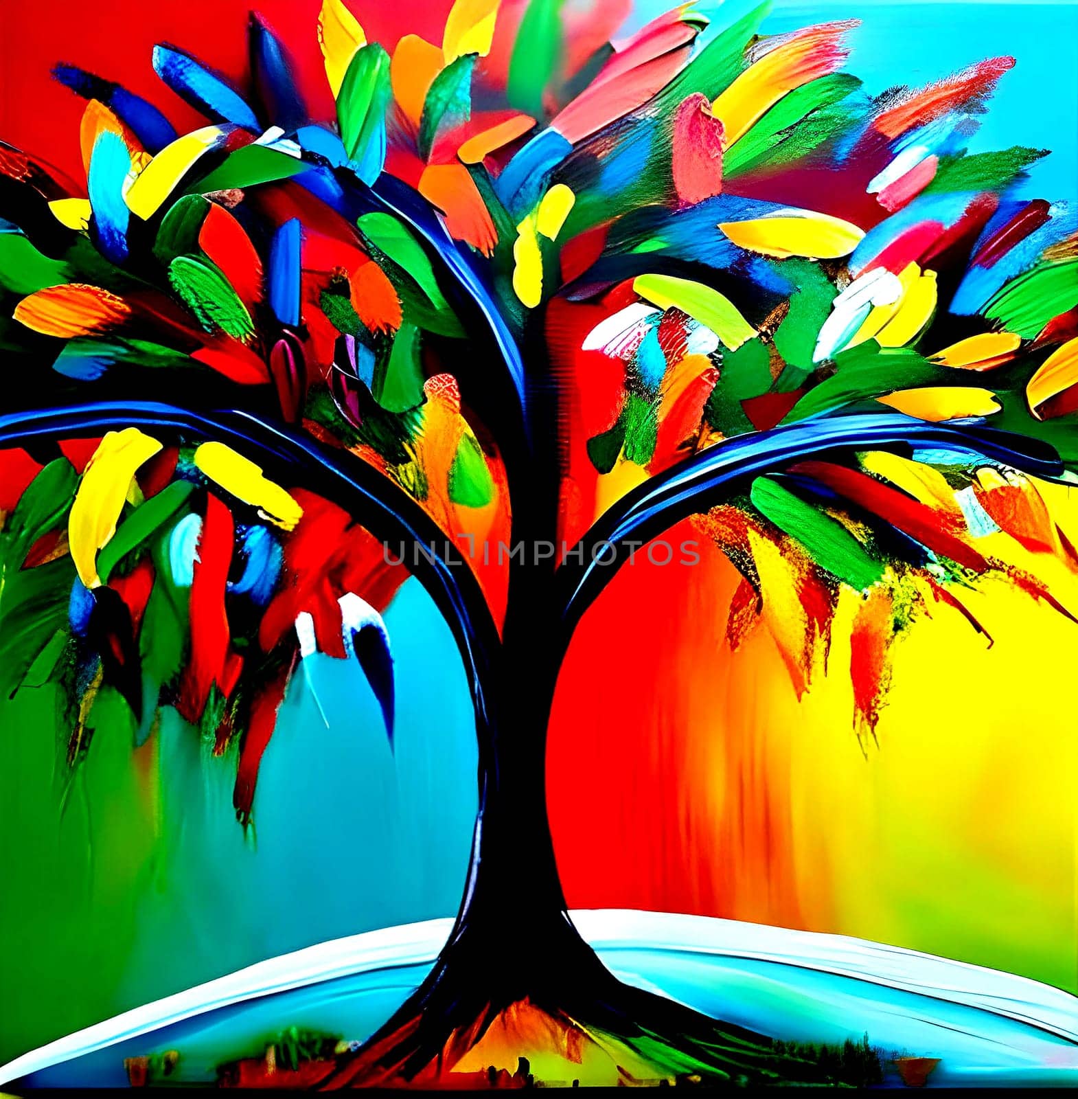 Abstract tree, with bright colorful leaves. Digital acrylic painting.