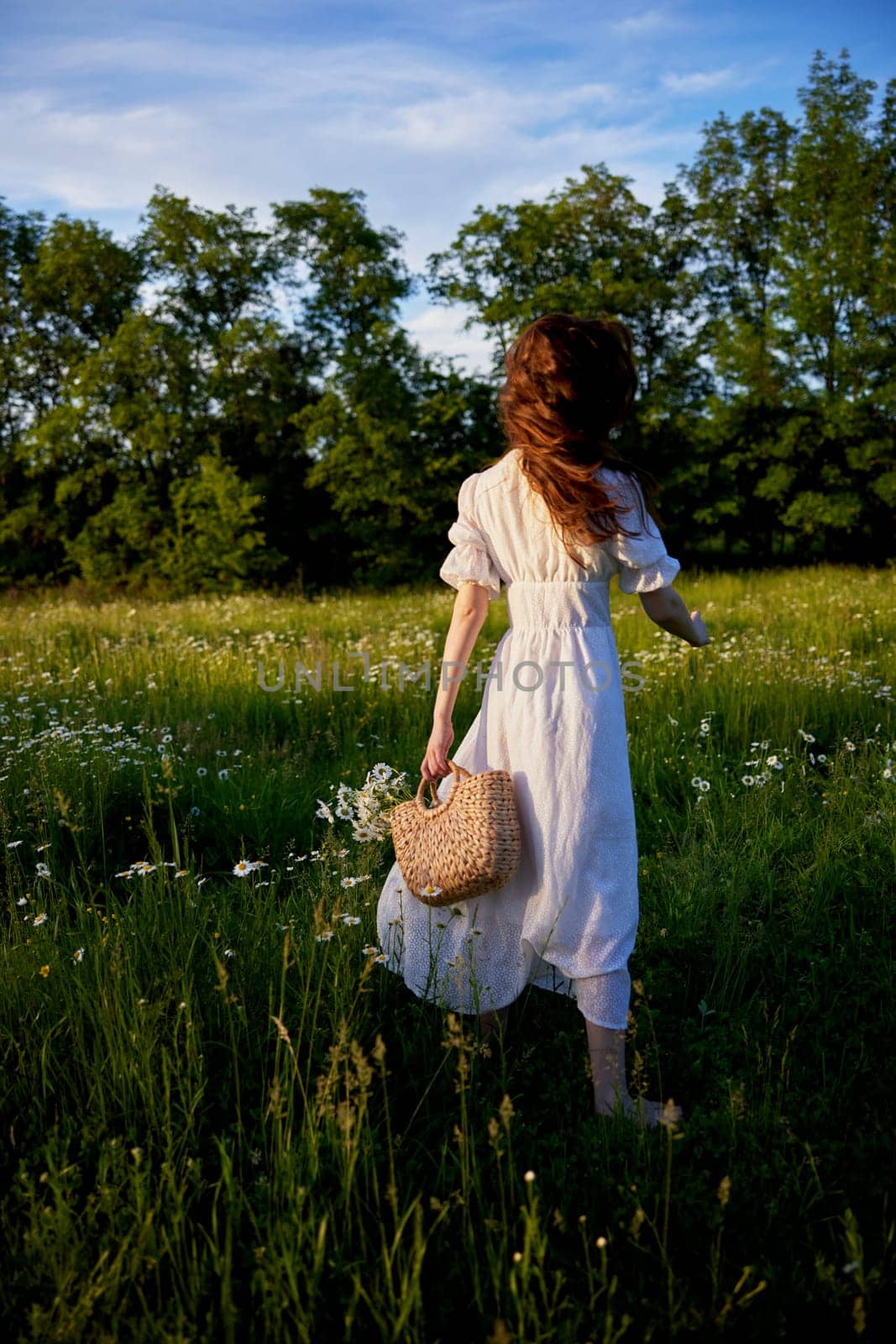 a beautiful woman in a light, light, summer dress is standing in a flowering meadow in sunset lighting with her back to the camera. High quality photo