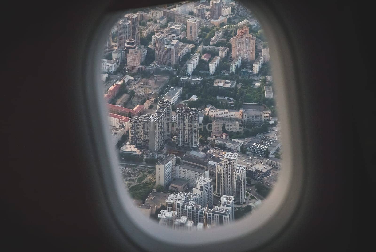 Kiev Ukraine from a height in the plane's illuminator.