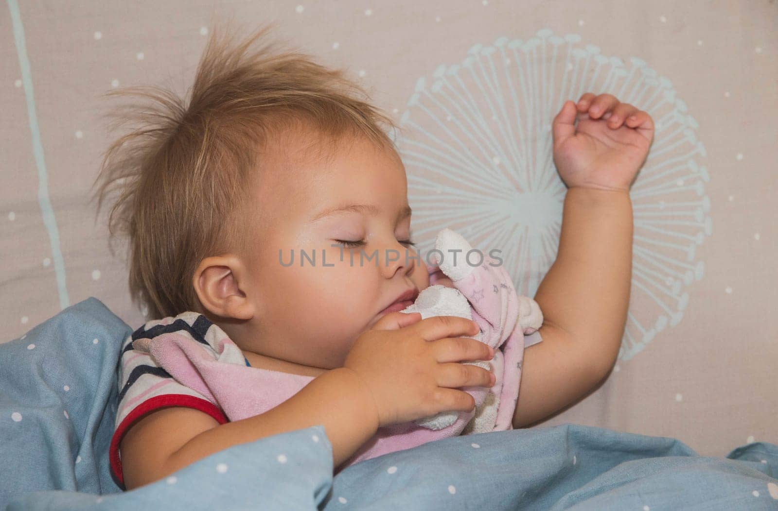 Charming baby sleeps hugging a soft toy.