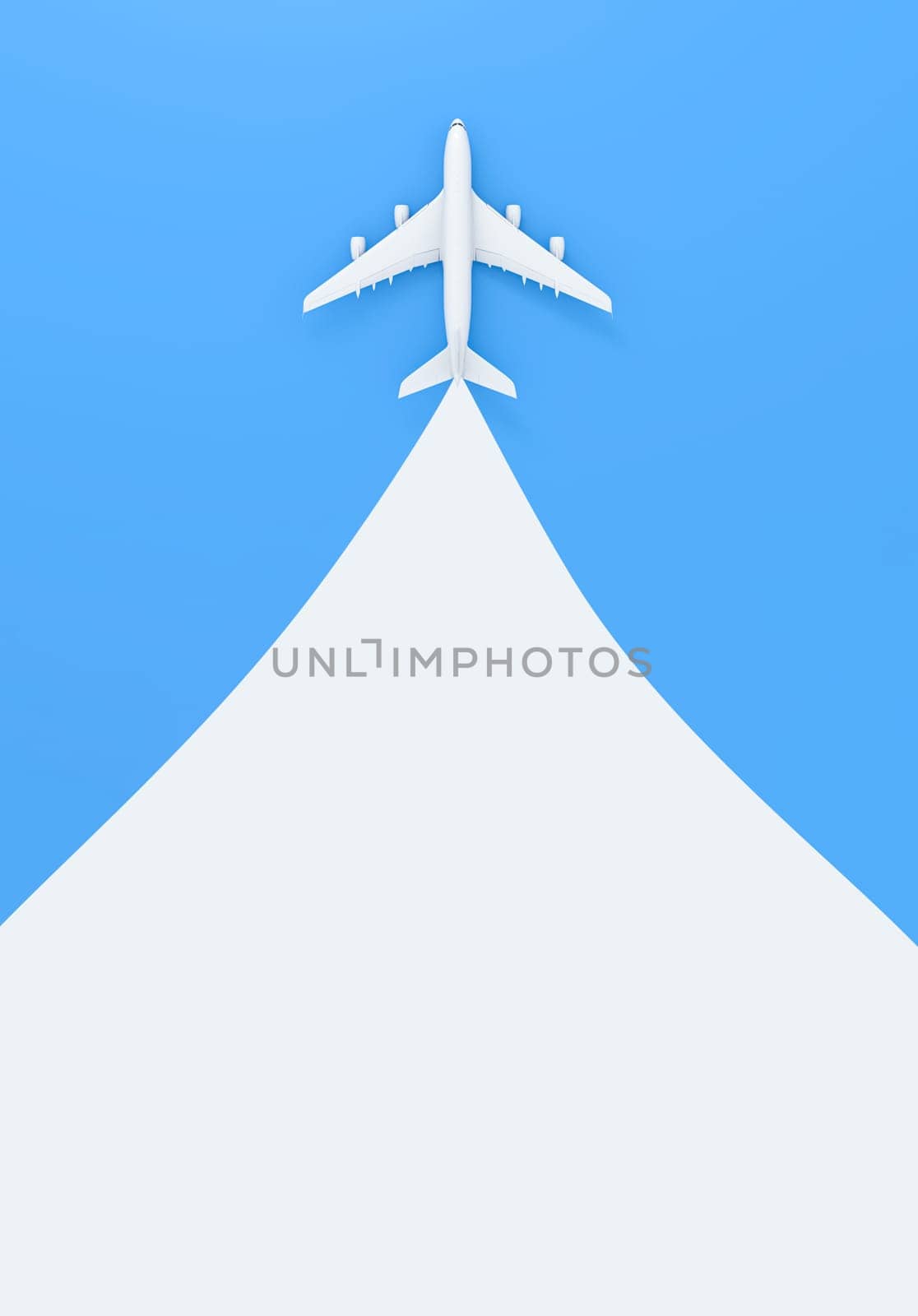 White plane with trail on blue background. Travel by plane vacation summer weekend sea adventure trip journey ticket tour concept. 3d rendering.