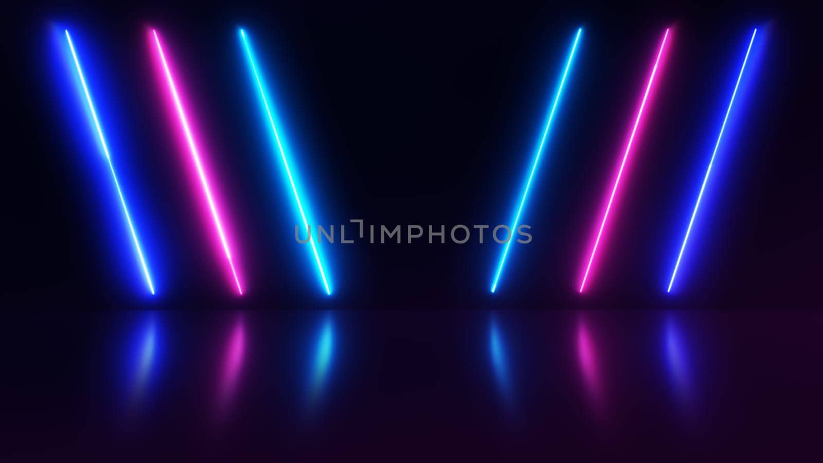 Abstract neon background with colorful beams of light and with bright laser animation and reflective floor. Led Lights.