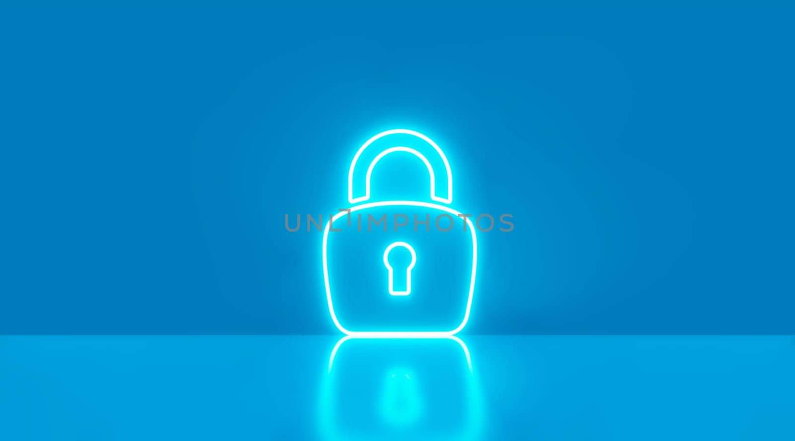 cyber security holographic neon icon blue with reflection background. 3d illustration.