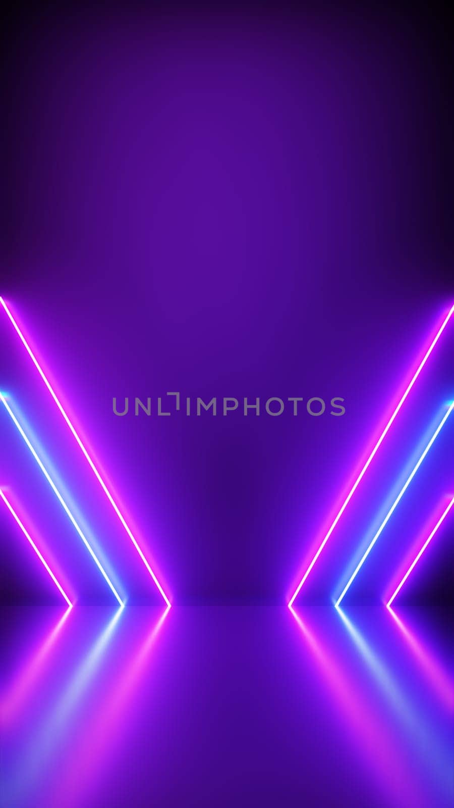 Neon Background Abstract with Light Shapes line diagonals on colorful and reflective floor, party and concert concept. Vertical size.