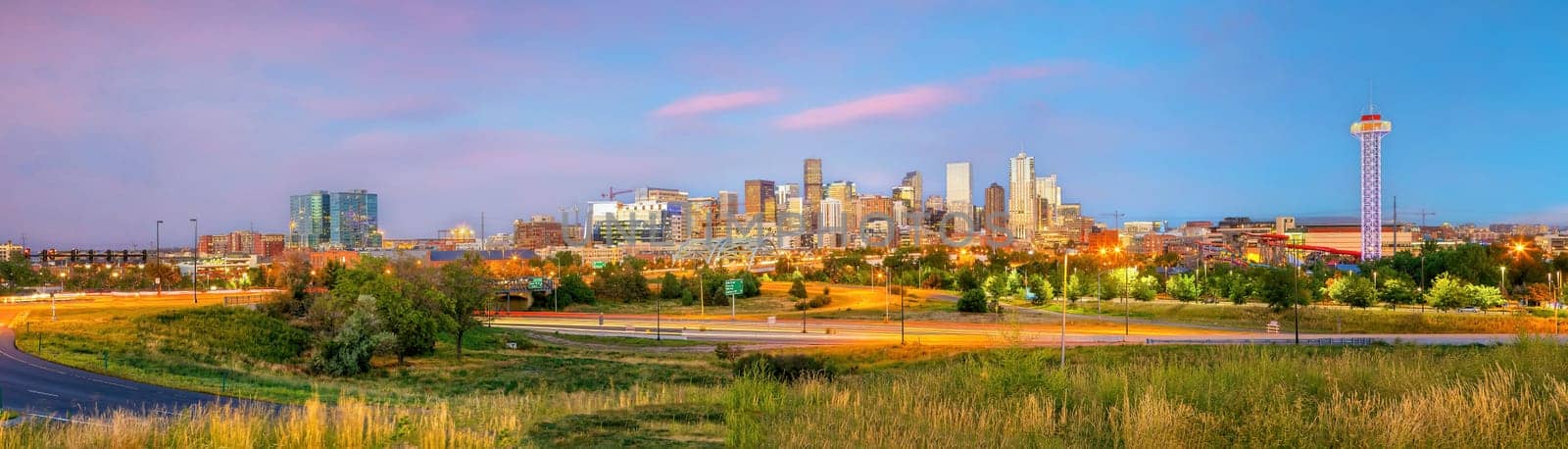 Denver downtown city skyline, cityscape of Colorado in USA at sunset