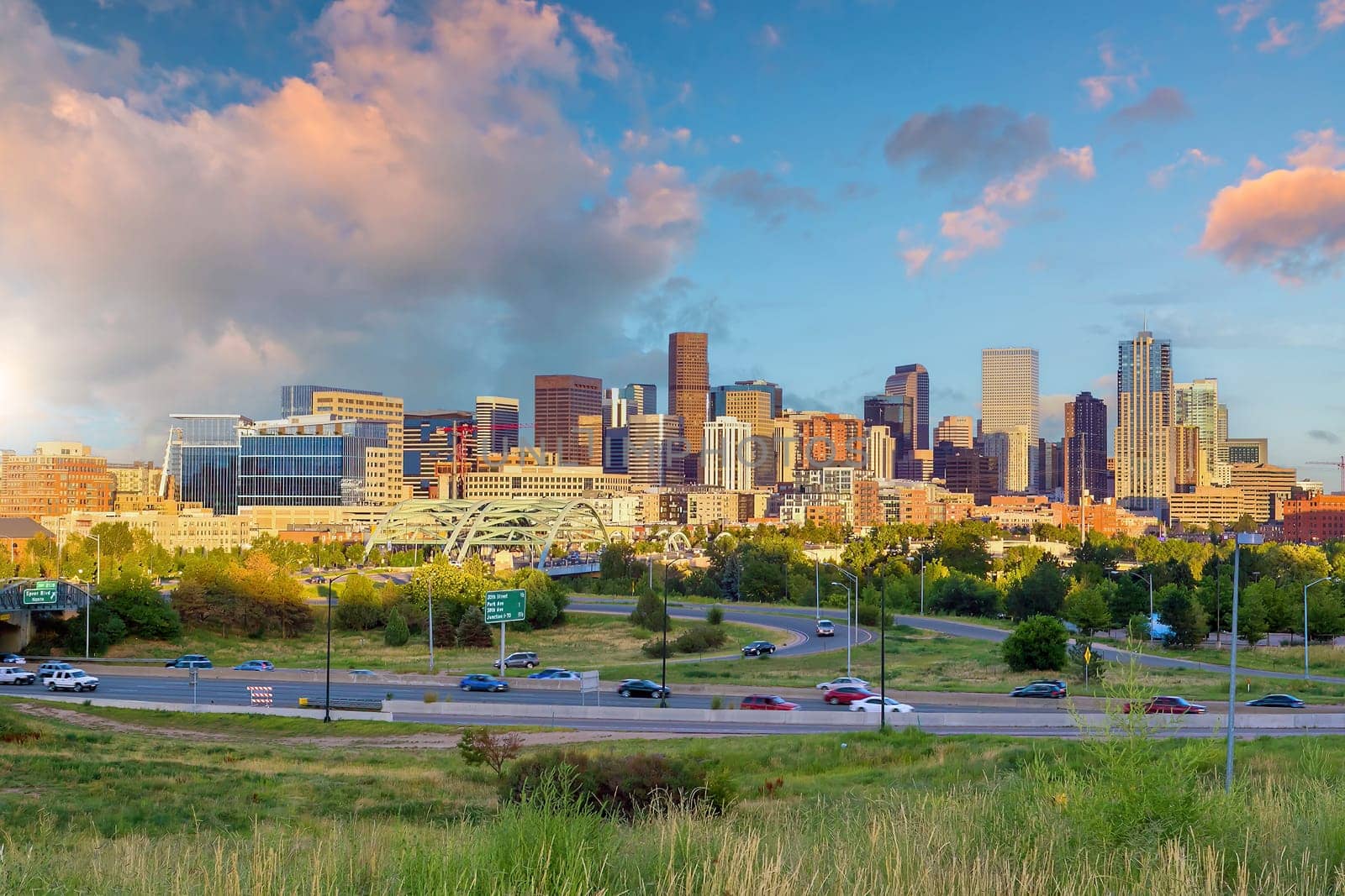 Denver downtown city skyline, cityscape of Colorado in USA at sunset