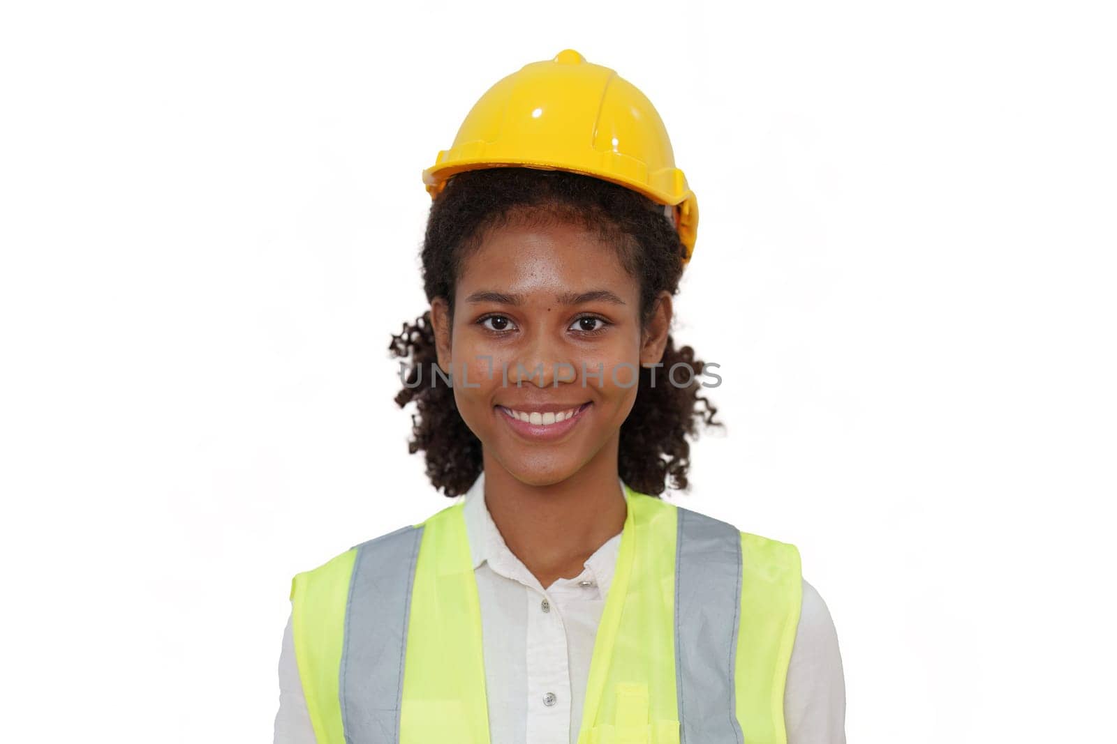 American African Foreman builder woman isolate background. Foreman construction or Engineer. by itchaznong