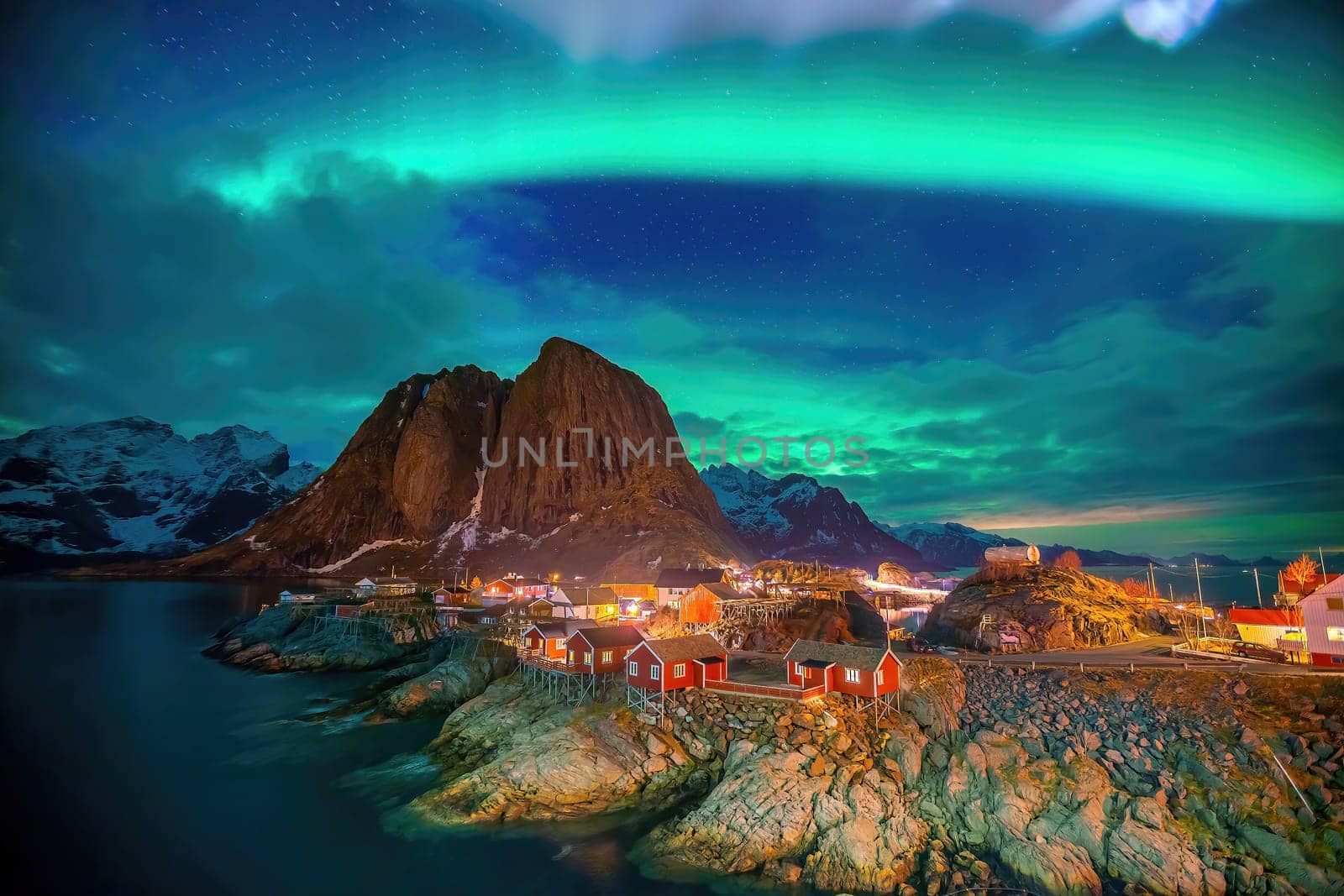 Beautiful nature lanscape of Lofoten at Hamnoy village in Norway with northern lights