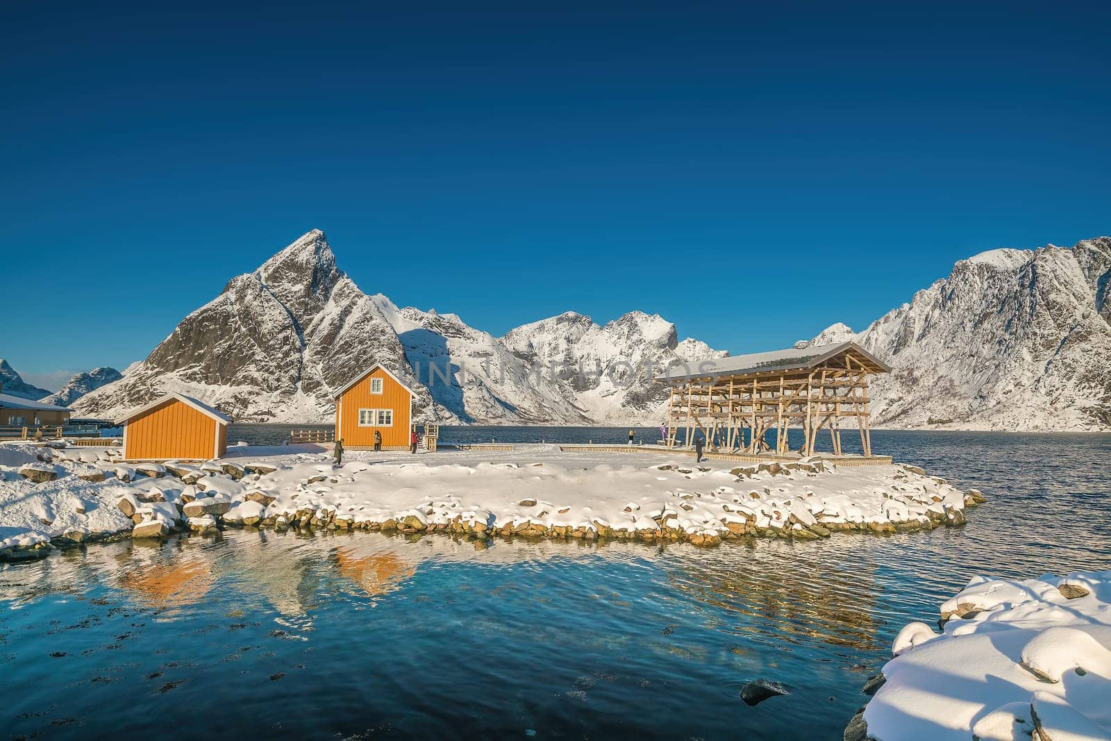 Beautiful nature lanscape of Lofoten in Norway, Europe with yellow houses village