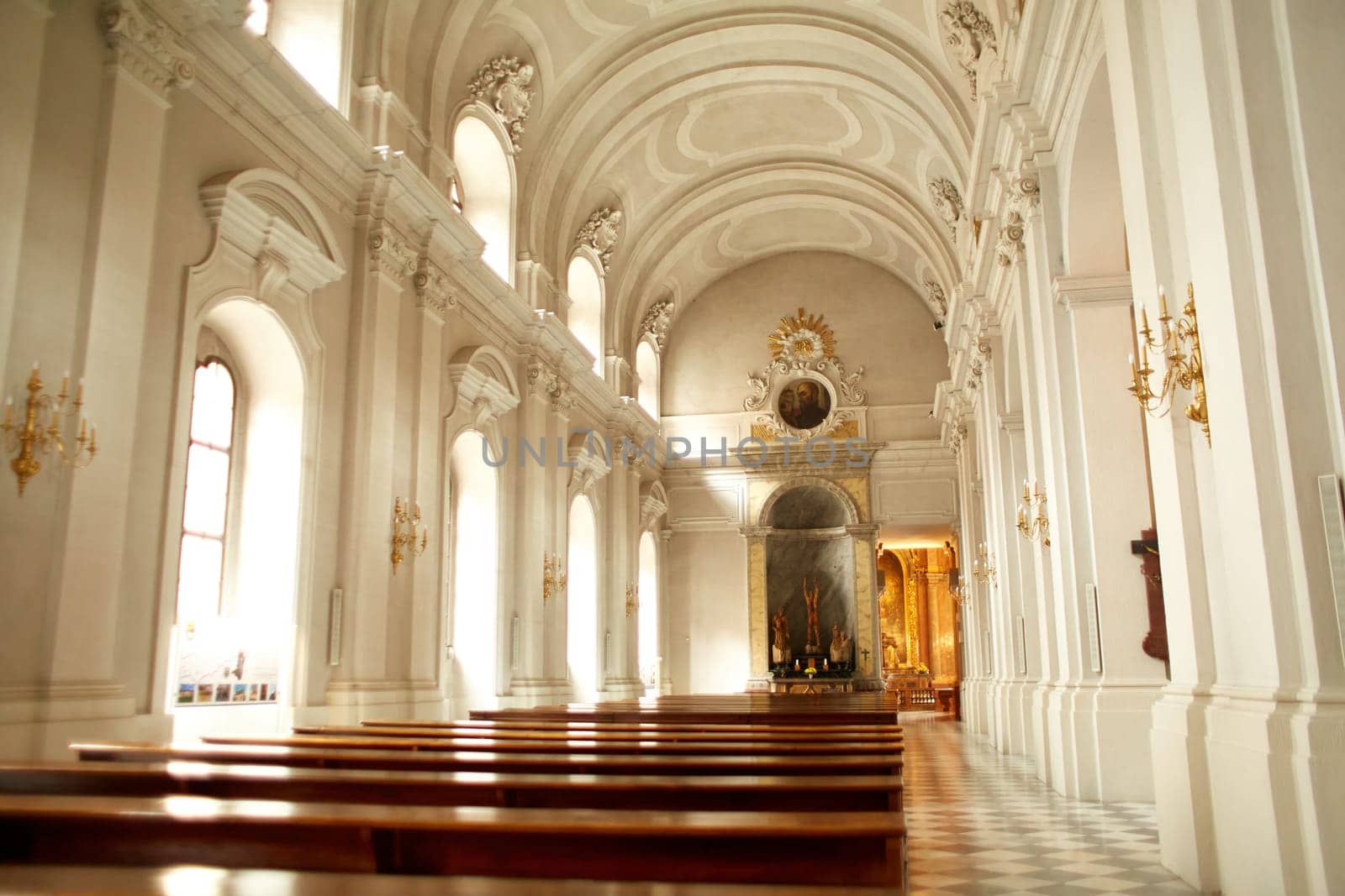 The bright interior of a Catholic church by Try_my_best