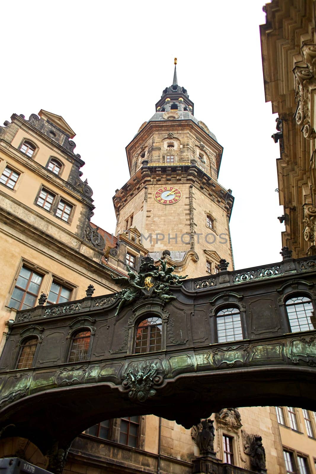 Saxon architecture in Dresden. Above-ground passage between two buildings. Dresden, Germany - 05.20.2019