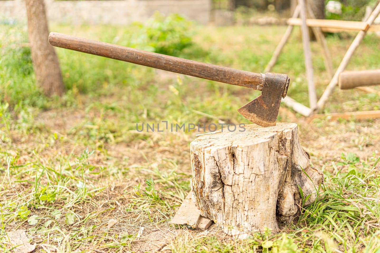Close up view of a rusty axe nailed to a log in the garden