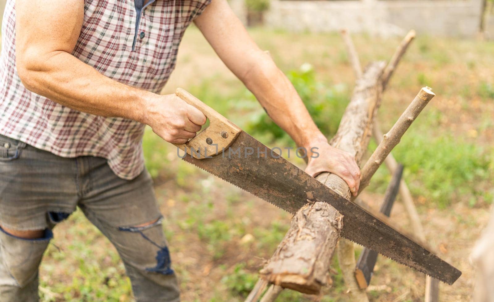 Close up view of the hands of a woodcutter chopping a log using a handsaw in a orchid