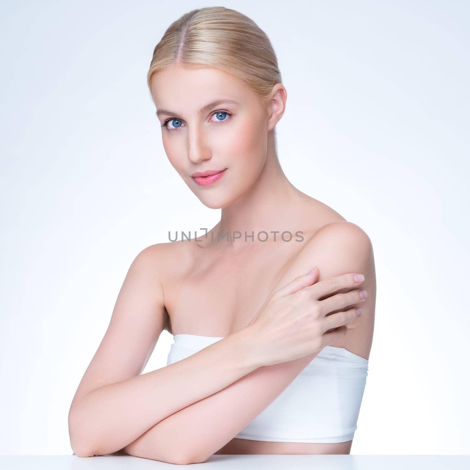 Personable beautiful woman portrait with perfect smooth clean skin and natural makeup portrait in isolated background. Hand gesture with expressive facial expression for beauty model concept.