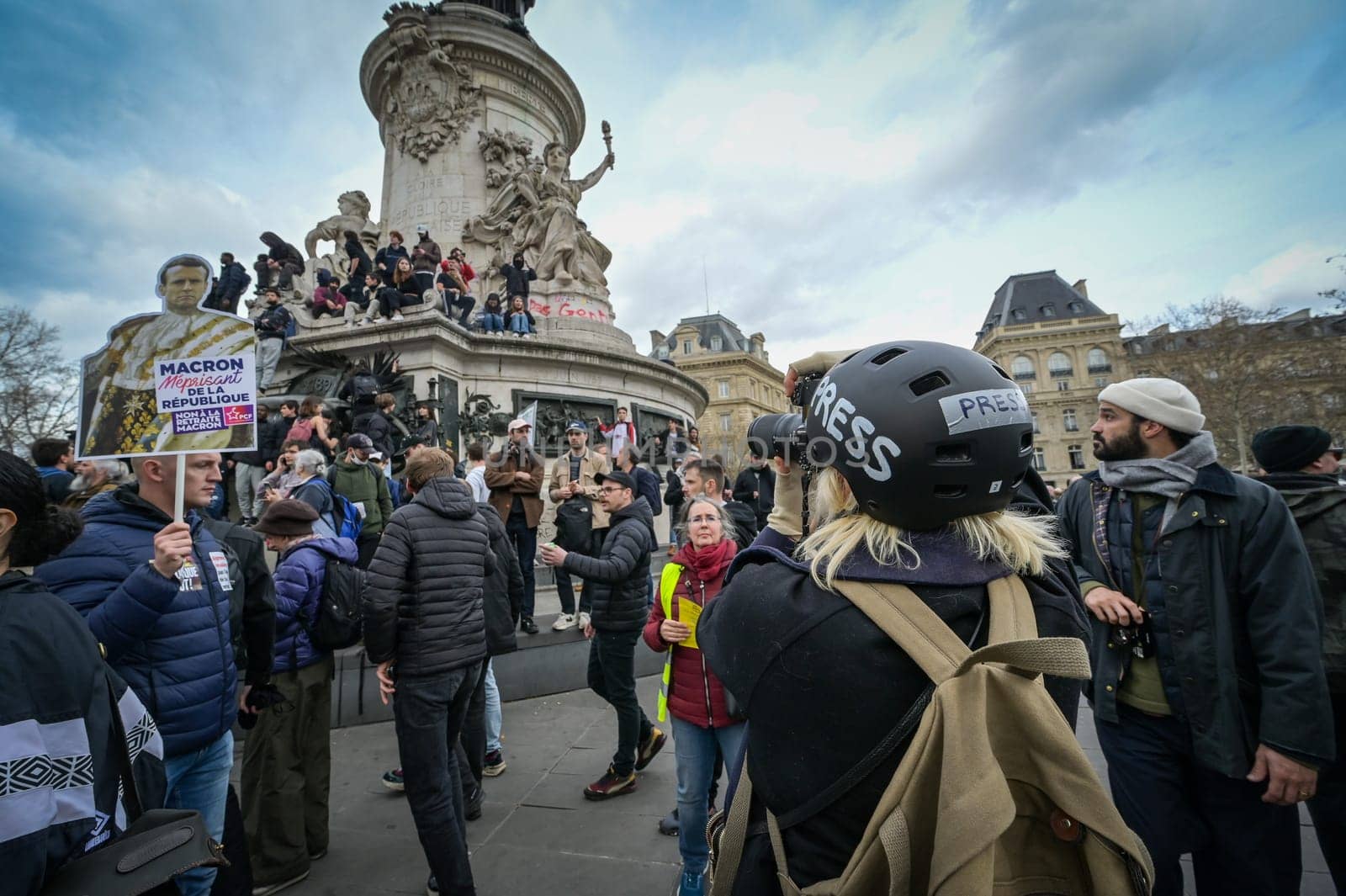 France, Paris, 2023-03-23. Demonstration, Strike, Ninth day of mobilisation against the pension reform. The Parisian procession, near Republique Place, High quality photo