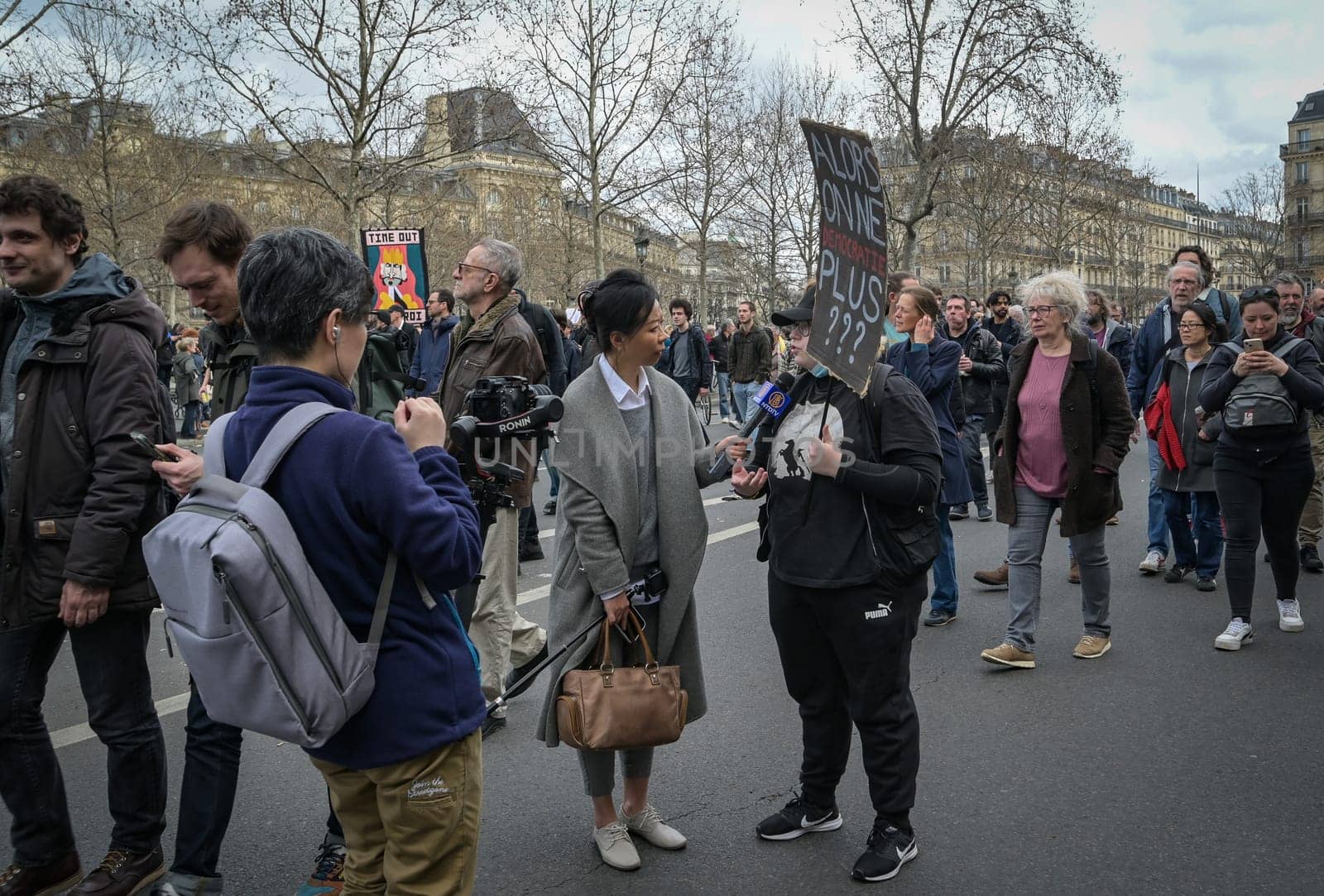 France, Paris, 2023-03-23. Demonstration, Strike, Ninth day of mobilisation against the pension reform. The Parisian procession, near Republique Place, High quality photo