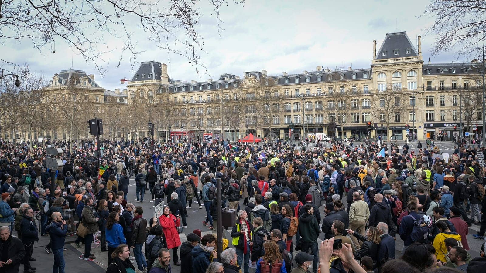 France, Paris, 2023-03-23. Demonstration, Strike, Ninth day of mobilisation against the pension reform. The Parisian procession, near Republique Place, High quality photo
