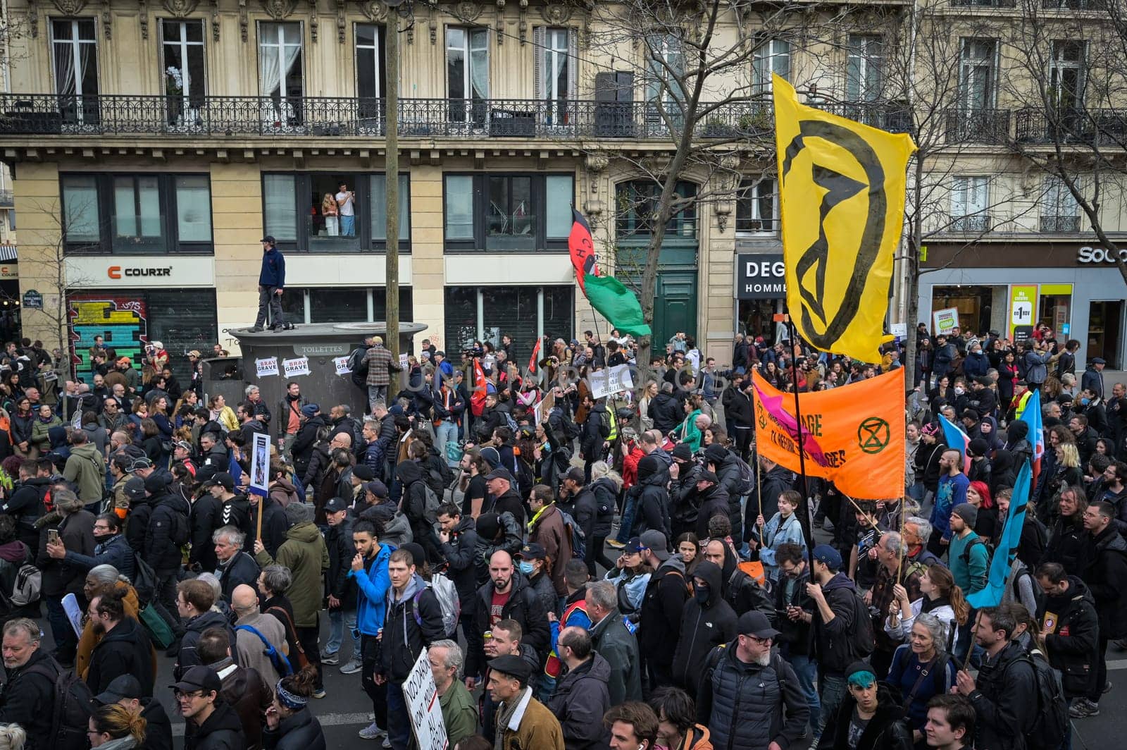 France, Paris, 2023-03-23. Demonstration, Strike, Ninth day of mobilisation against the pension reform. The Parisian procession, near Republique Place, High quality photo