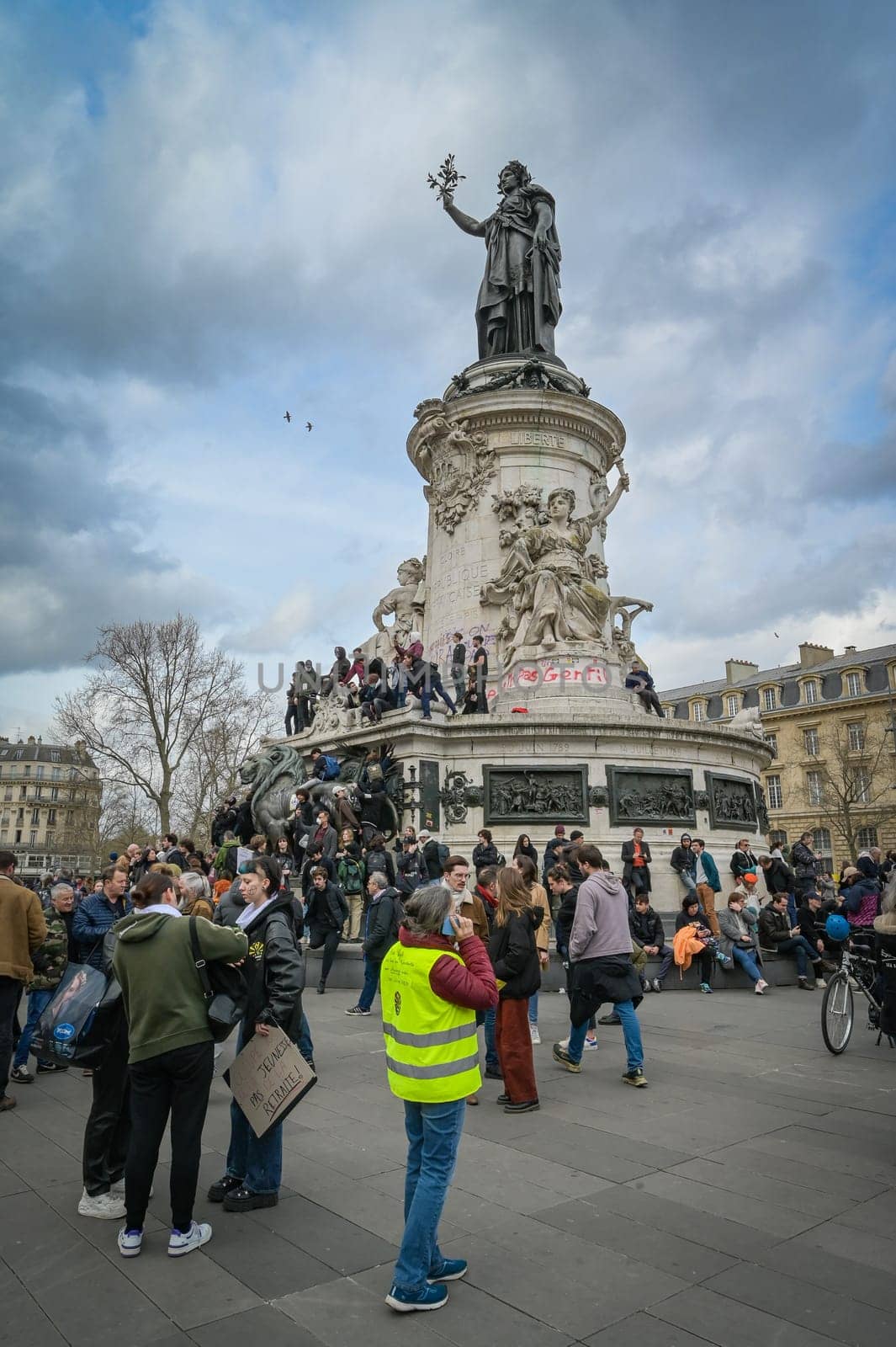 France, Paris, 2023-03-23. Demonstration, Strike, Ninth day of mobilisation against the pension reform. The Parisian procession, near Republique Place, High quality photo