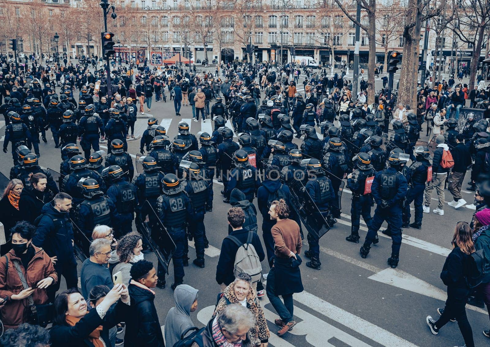 France, Paris, 2023-03-23. Demonstration, Strike, Ninth day of mobilisation against the pension reform. The Parisian procession, near Republique Place, High quality photo