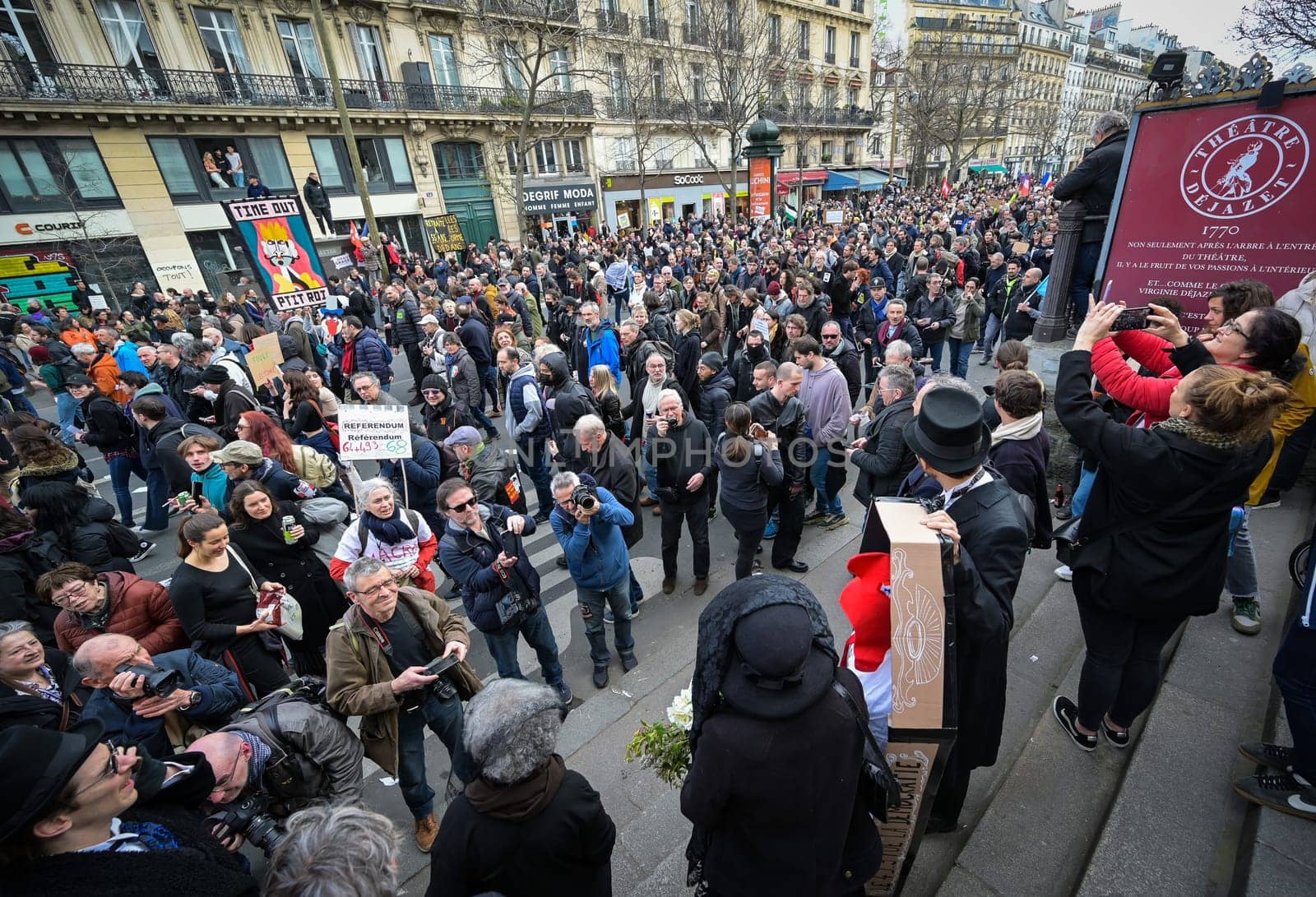 France, Paris, 2023-03-23. Demonstration, Strike, Ninth day of mobilisation against the pension reform. The Parisian procession, near Republique Place, High quality photo