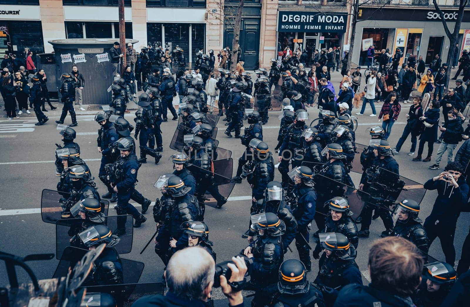 France, Paris, 2023-03-23. Demonstration, Strike, Ninth day of mobilisation against the pension reform. The Parisian procession, near Republique Place, High quality photo