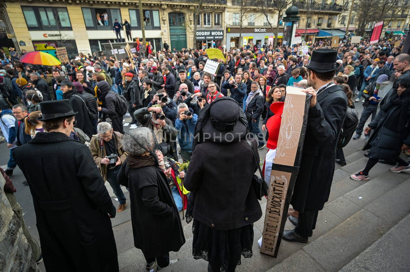 France, Paris, 2023-03-23. Demonstration, Strike, Ninth day of mobilisation against the pension reform. The Parisian procession, near Republique Place, High quality photo